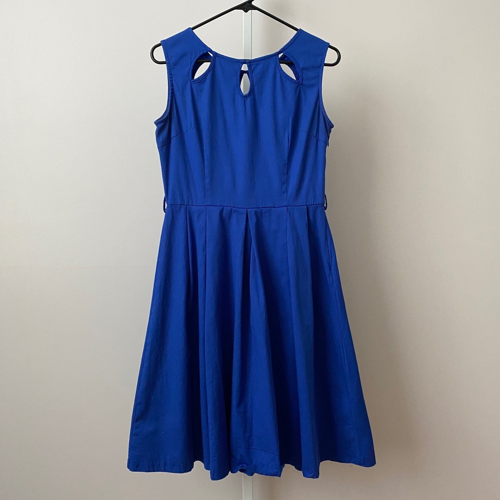 Lindy Bop Cotton Rockabilly Retro Pinup Cutout Pleated Fit Flare Dress S Blue